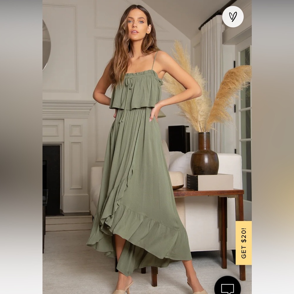 Lulu’s Sincerely Yours Olive Green Ruffled Midi Dress